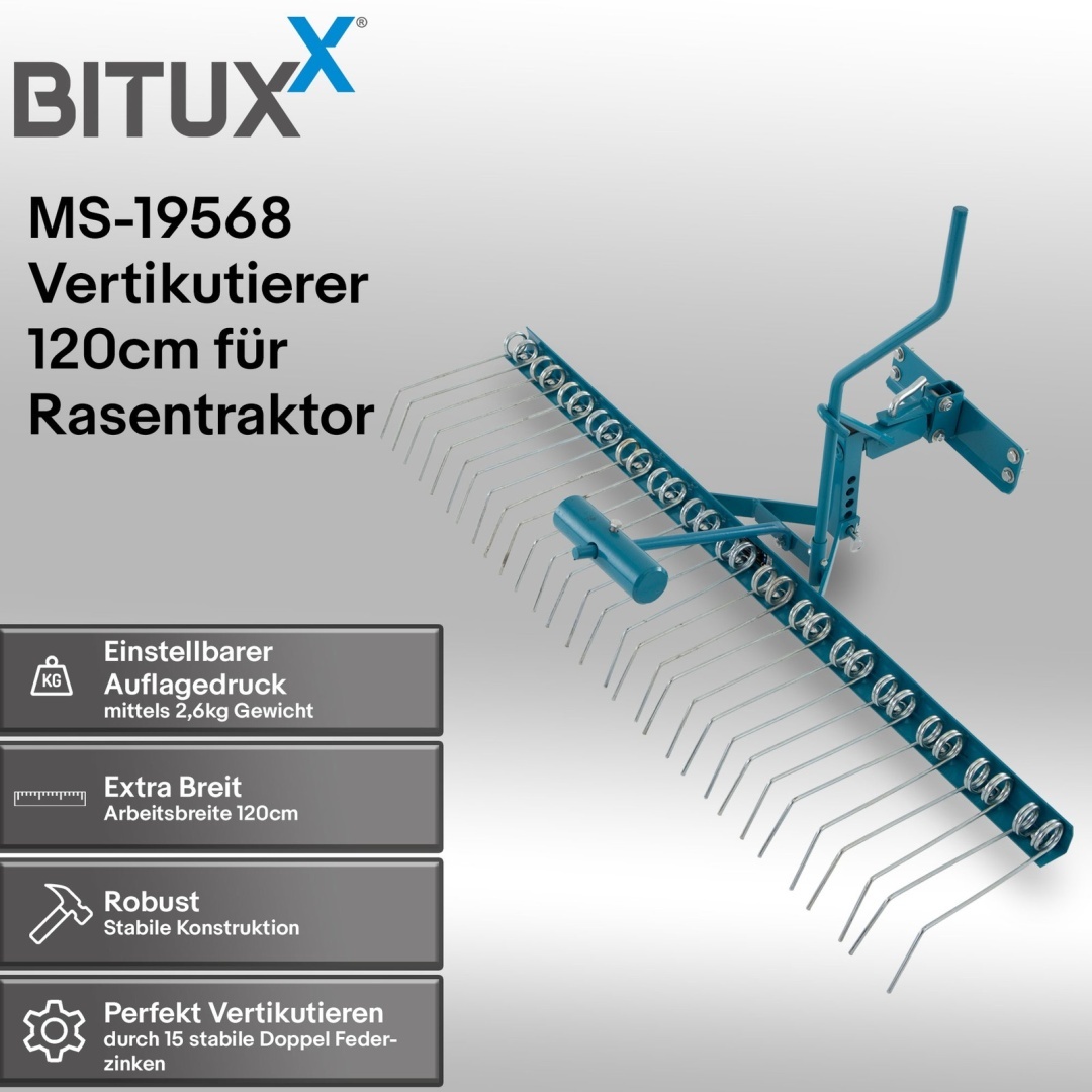 Provzdušňovač trávníku / vertikutátor / hrábě na trávník pro zahradní traktory, sekačky a čtyřkolky (ATV) – Bituxx M19568